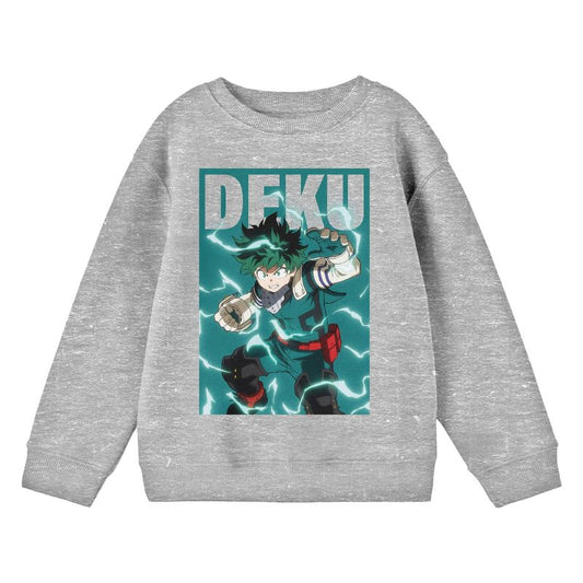 My Hero Academia Deku Fighting Stance Crew Neck Long Sleeve Athletic Heather Youth Sweatshirt