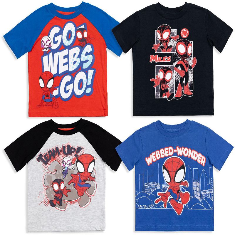 Marvel Avengers Spidey and His Amazing Friends Hulk Iron Man Spider-Man Miles Morales 4 Pack T-Shirts Little Kid to Little Kid