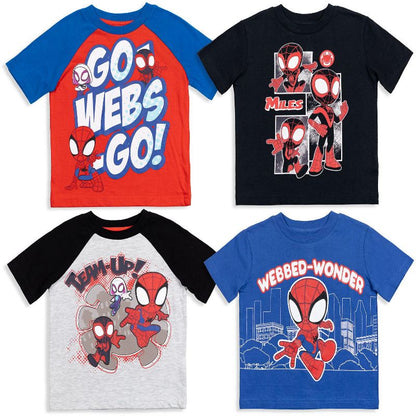 Marvel Avengers Spidey and His Amazing Friends Hulk Iron Man Spider-Man Miles Morales 4 Pack T-Shirts Little Kid to Little Kid