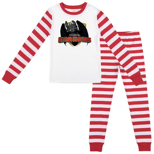 How To Train Your Dragon Toothless Long Sleeve Shirt & Red & White Striped Sleep Pajama Pants Set