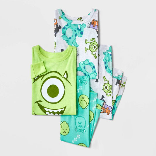 طقم بيجامة قطنية بأكمام طويلة من Monsters Inc للأولاد الصغار، مكون من 4 قطع - أخضر/رمادي/أزرق مخضر