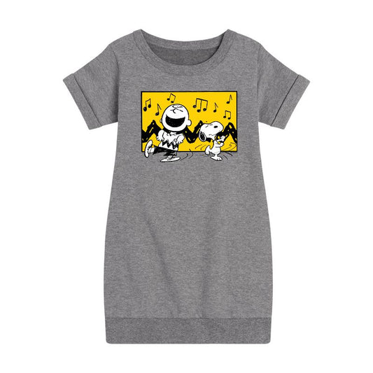 Girls' - Peanuts - Charlie And Snoopy Dance Time Graphic Short Sleeve Fleece Dress
