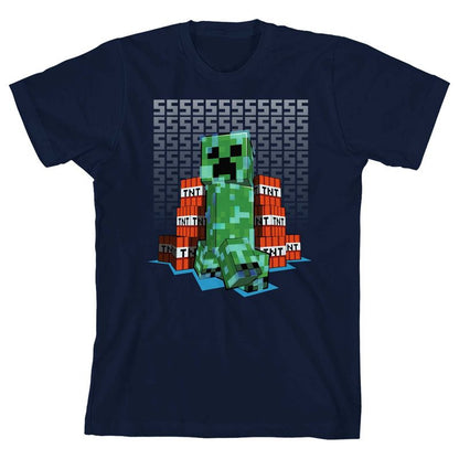 تي شيرت أزرق داكن للأولاد بخلفية صوتية من لعبة Minecraft Creeper TNT