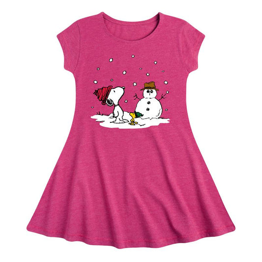 Girls' - Peanuts - Snoopy Woodstock Snowman Fit & Flair Cap Sleeve Dress