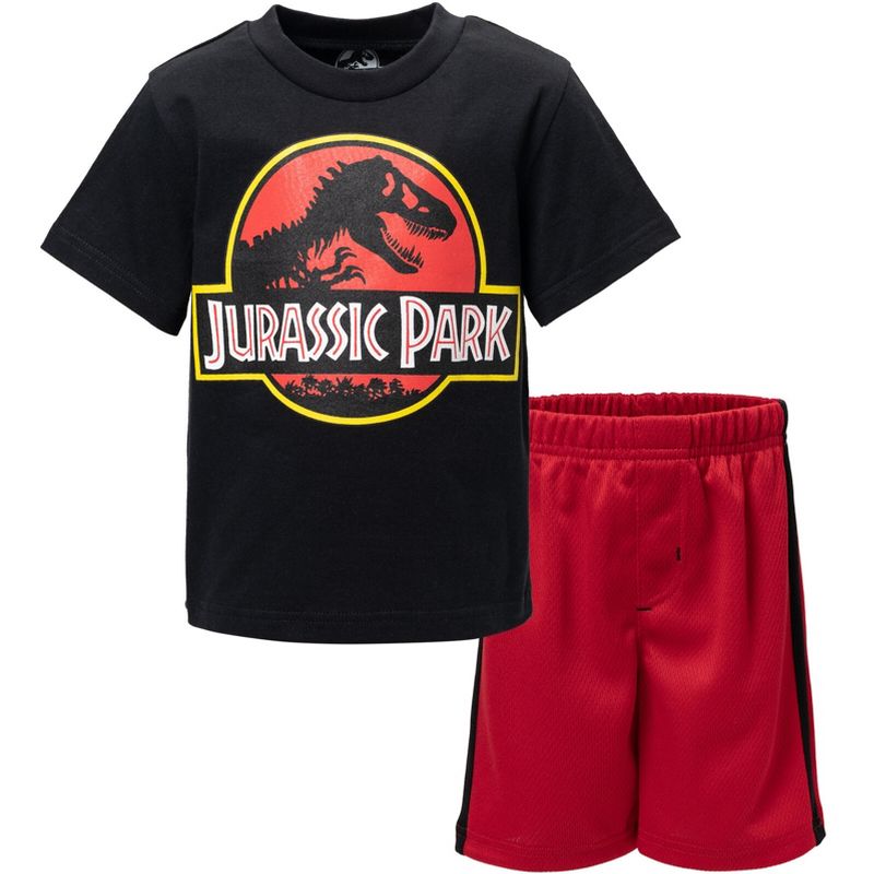 طقم ملابس رياضية من Jurassic Park، تي شيرت جرافيكي، شورت شبكي، شعار، أسود/أحمر