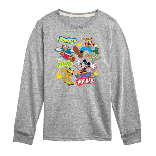 Boys' - Disney - Mickey Goofy Pluto Donald Skate Crew Long Sleeve Graphic T-Shirt
