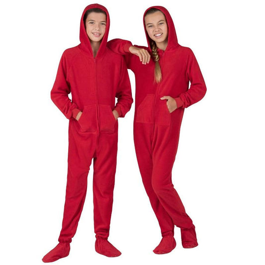 Footed Pajamas - Bright Red Kids Hoodie Fleece One Piece