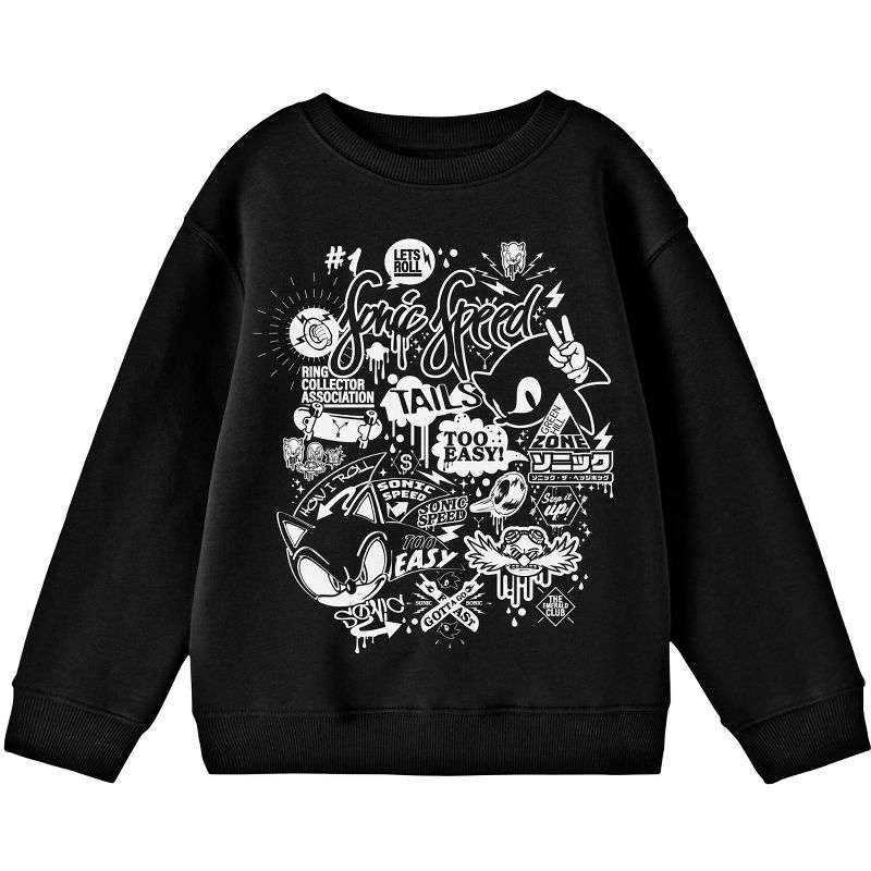 Bioworld Sonic The Hedgehog Let's Roll Monochrome Street Art Youth Black Crew Neck Sweatshirt