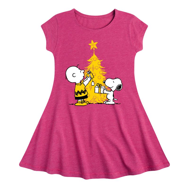 Girls' - Peanuts - Xmas Charlie And Snoopy Fit & Flair Cap Sleeve Dress