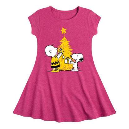 Girls' - Peanuts - Xmas Charlie And Snoopy Fit & Flair Cap Sleeve Dress