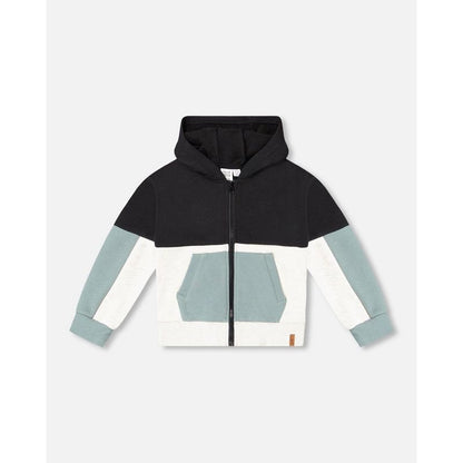 Deux par Deux Boy French Terry Color Block Full Zip Hoodie Cardigan Sweatshirt Black, Teal and Shimmer