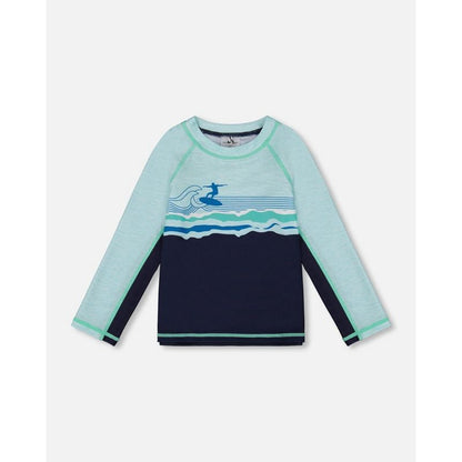 Deux par Deux Boy كم طويل Rashguard أزرق داكن وفيروزي