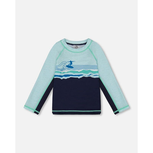 Deux par Deux Boy كم طويل Rashguard أزرق داكن وفيروزي