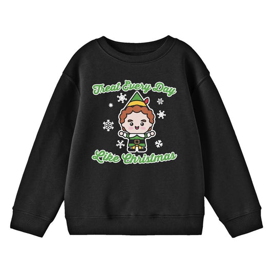 سويت شيرت أسود برقبة دائرية للشباب من Elf Treat Every Day Like Christmas Chibi Buddy with Snowflakes