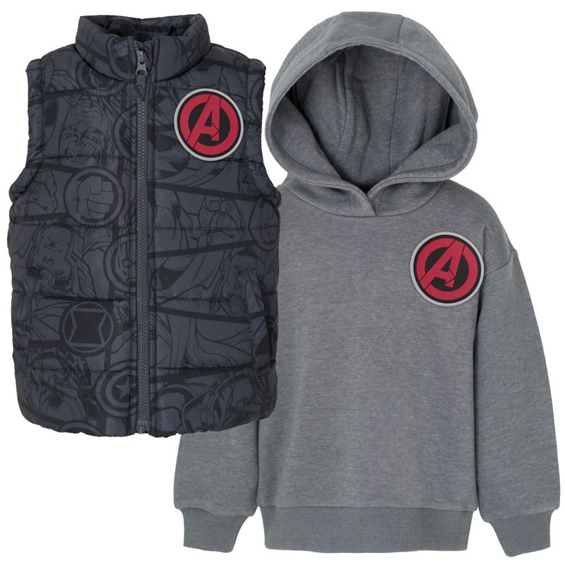 Marvel Avengers Iron Man Thor Captain America Zip Up Vest 2fer Jacket and Pullover Fleece Hoodie Toddler