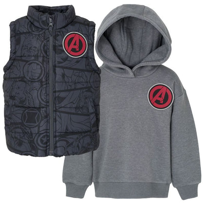Marvel Avengers Iron Man Thor Captain America Zip Up Vest 2fer Jacket and Pullover Fleece Hoodie Toddler