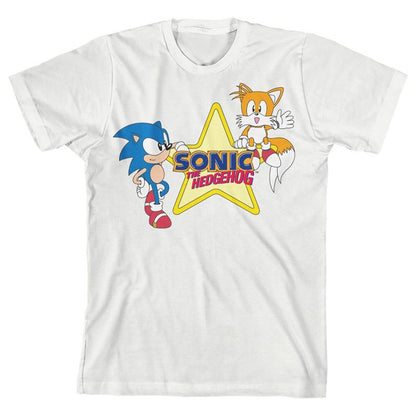 Sonic The Hedgehog Classic Bioworld Sonic Classic w/ Tails Star & Logo Artwork on White Short Sleeve Youth T-Shirt