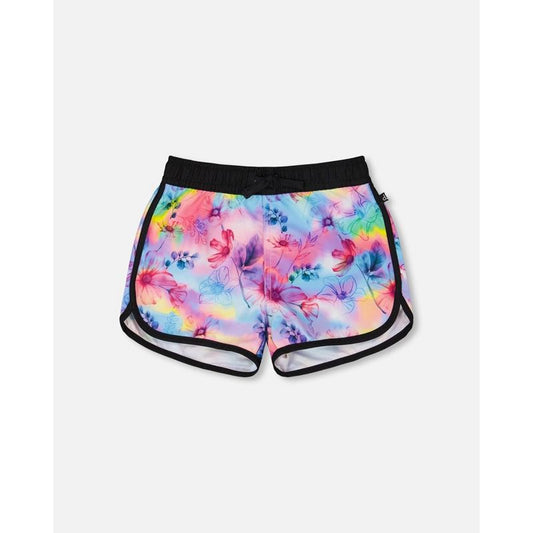 Deux par Deux Girl Printed Swim Shorts Butterflies on Multicolor and Black Background