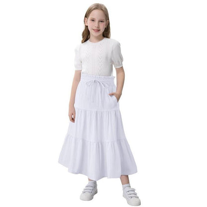 Maxi Skorts Skirt for Girls Button Front Ruffle High Waisted Long Skirts with Belt and Pocket 3-12 Years