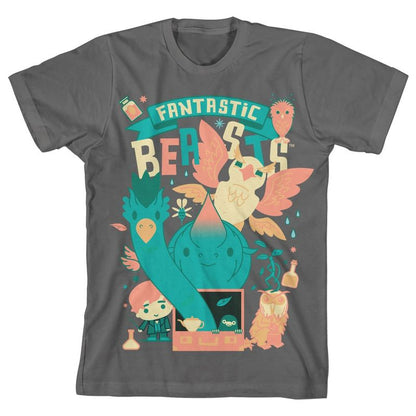 تي شيرت فحمي للأولاد من فن تشيبي برسومات نيوت من فيلم "الوحوش المذهلة"