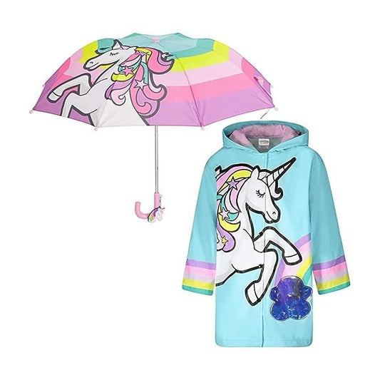Unicorn Girls Umbrella & Rain Jacket Set - Kids Ages 3T-9 Years