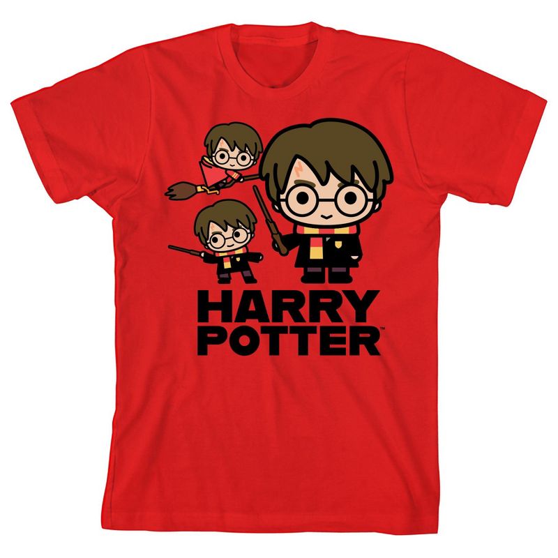 تي شيرت أحمر برسومات جرافيكية لمجموعة شخصيات هاري بوتر تشيبي للشباب