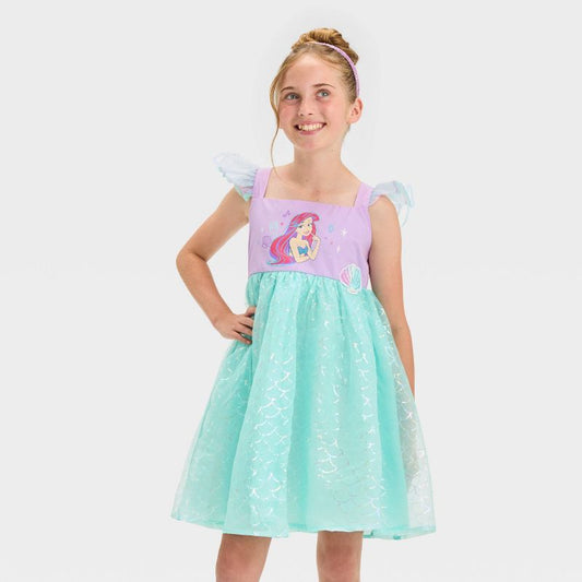 Girls' Disney Princess Ariel Puff Cap Sleeve Dress - Mint Green/Purple