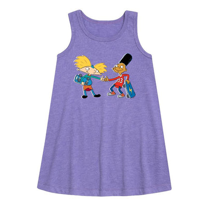 Girls' - Hey Arnold! - Arnold and Gerald Skateboard Graphic Sleeveless Aline Dress