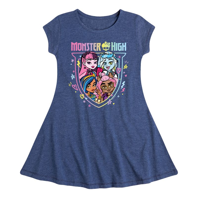 فستان بناتي من Monster High - فستان Clawdeen Cleo Draculaura Frankie Rainbow Logo Fit &amp; Flair بأكمام قصيرة
