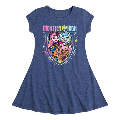 فستان بناتي من Monster High - فستان Clawdeen Cleo Draculaura Frankie Rainbow Logo Fit &amp; Flair بأكمام قصيرة