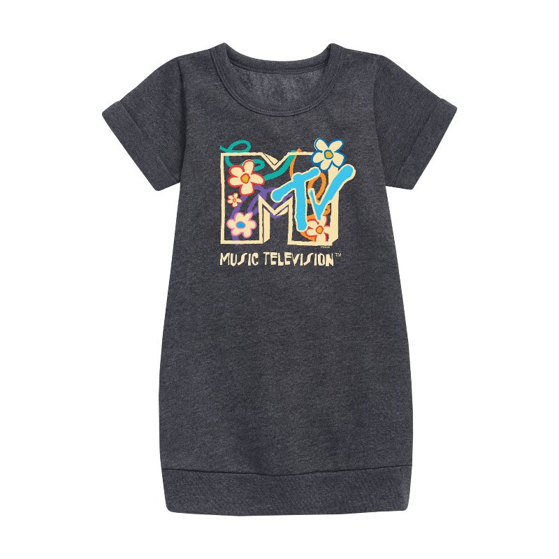 فستان من الصوف بأكمام قصيرة ورسومات زهور وشعار جرافيكي للبنات - MTV