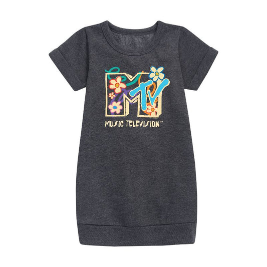 Girls' - MTV - Drawn Floral Logo Graphic Short Sleeve Fleece Dress