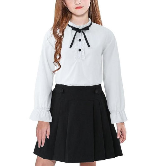 Girls Skirts with White Blouse Ruffle Long Sleeve Button Down Shirt and Pleated Skirt School Uniform 2 Piece Outfit