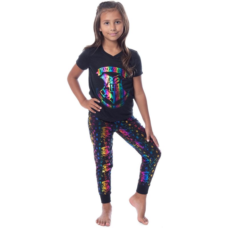 Harry Potter Girls' Rainbow Foil Hogwarts Crest Pajama Jogger Set Multicolor