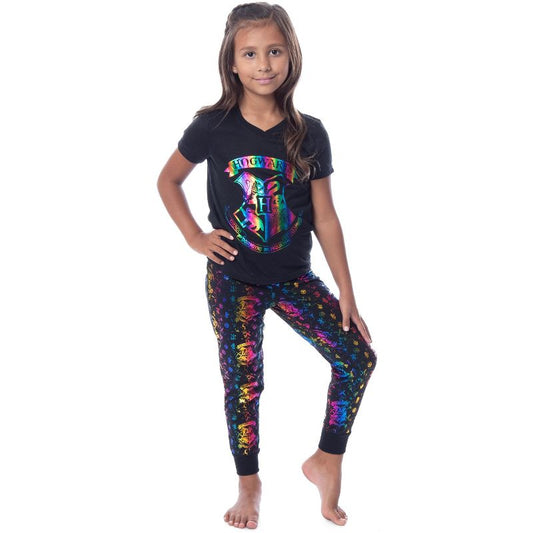 Harry Potter Girls' Rainbow Foil Hogwarts Crest Pajama Jogger Set Multicolor
