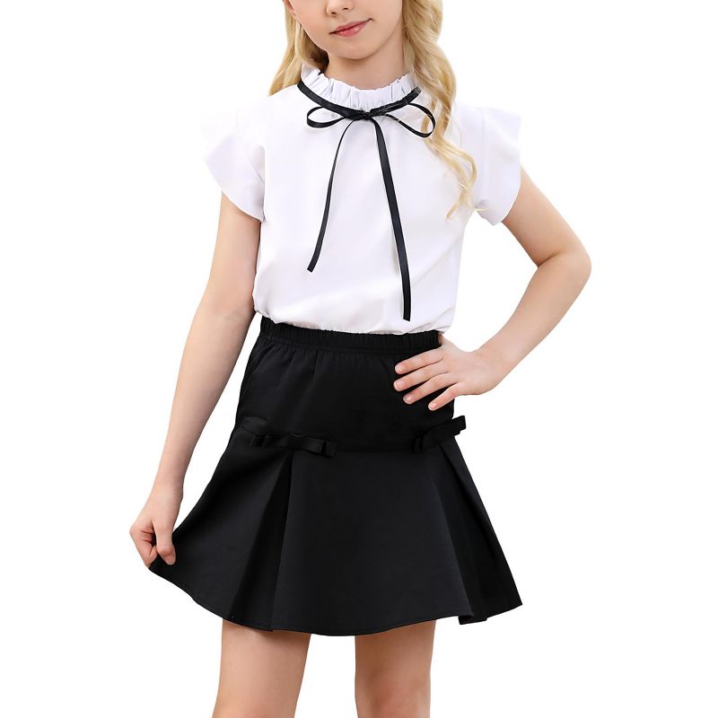 Girls Skirts with Ruffle Sleeve Tops Tie Detail Skirts Ruffled Trim Girls Tops with Pleated Flutter Skirts
