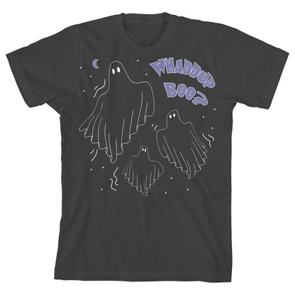 Kids Halloween Three Ghosts Waddup Boo Unisex Youth Charcoal Gray Short Sleeve Crew Neck Tee