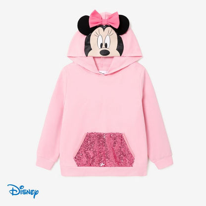 Disney Mickey and Friends Kid Girl Character Print Pop-up Ears Hat with Sequin-covered Pocket Hoodie Sweatshirt