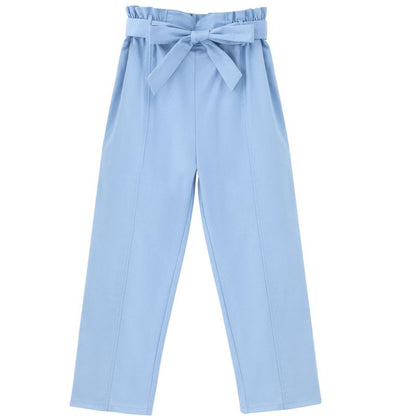 Girls High Waist Paperbag Pants Casual Fit Tapered Trousers with Pockets