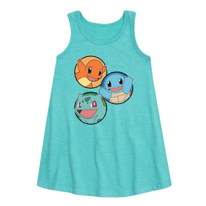 Girls' - Pokémon - Squirtle, Bulbasaur, & Charmander Group Graphic Sleeveless Aline Dress