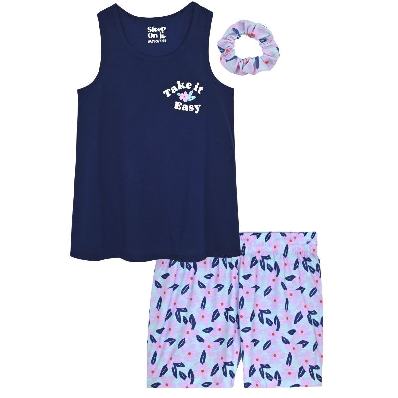 Sleep On It Girls 2-Piece Sleeveless Tank-Top Jersey Pajama Shorts Set with Matching Hair Scrunchie