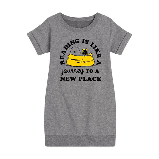 Girls' - Peanuts - Reading Is Like A Journey To A New Place Graphic Short Sleeve Fleece Dress