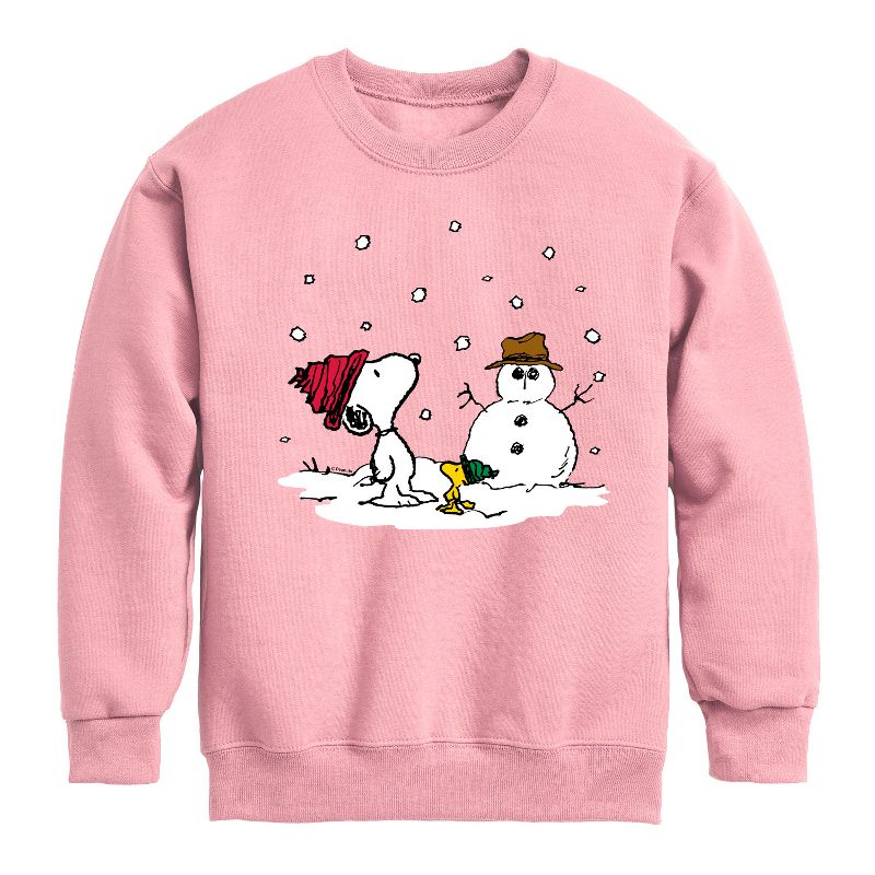 Boys' - Peanuts - Snoopy Woodstock Snowman Graphic Long Sleeve Fleece Sweatshirt