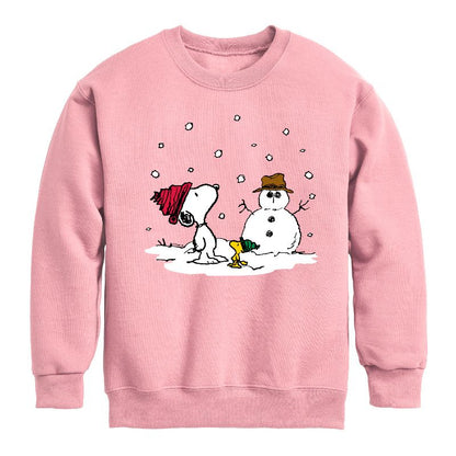 Boys' - Peanuts - Snoopy Woodstock Snowman Graphic Long Sleeve Fleece Sweatshirt