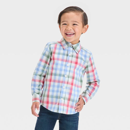قميص منقوش بأكمام طويلة للأولاد الصغار من OshKosh B'gosh - أخضر/أزرق/أحمر