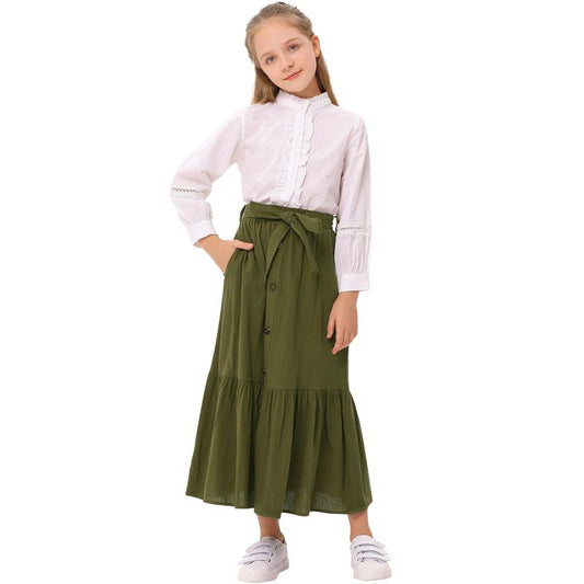Girls Ruffled Maxi Skirts High Waisted Long Skirt with Belt Button Front Skirts with Pocket Grey 5-14Y