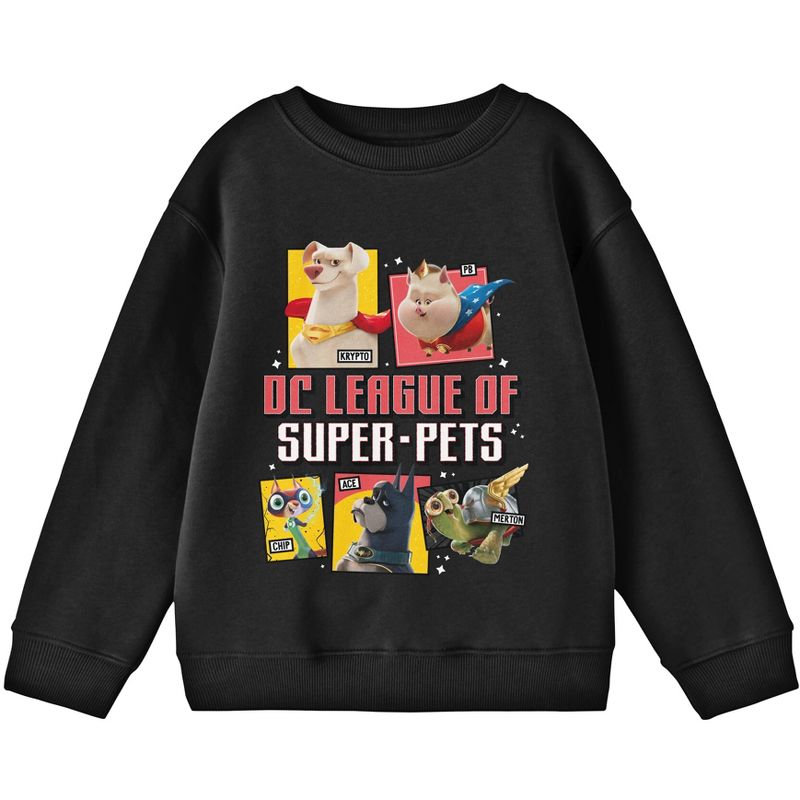 DC League of Super Pets Characters and Title Logo Youth Black Crew Neck Sweatshirt