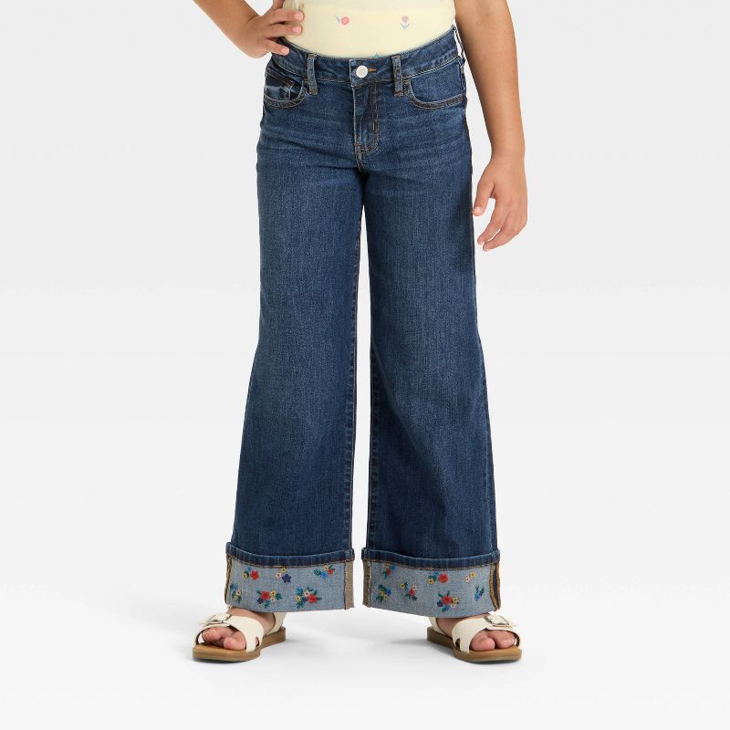 Girls' Mid-Rise Floral Embroidered Cuff Wide Leg Jeans - Cat & Jack™ Dark Wash