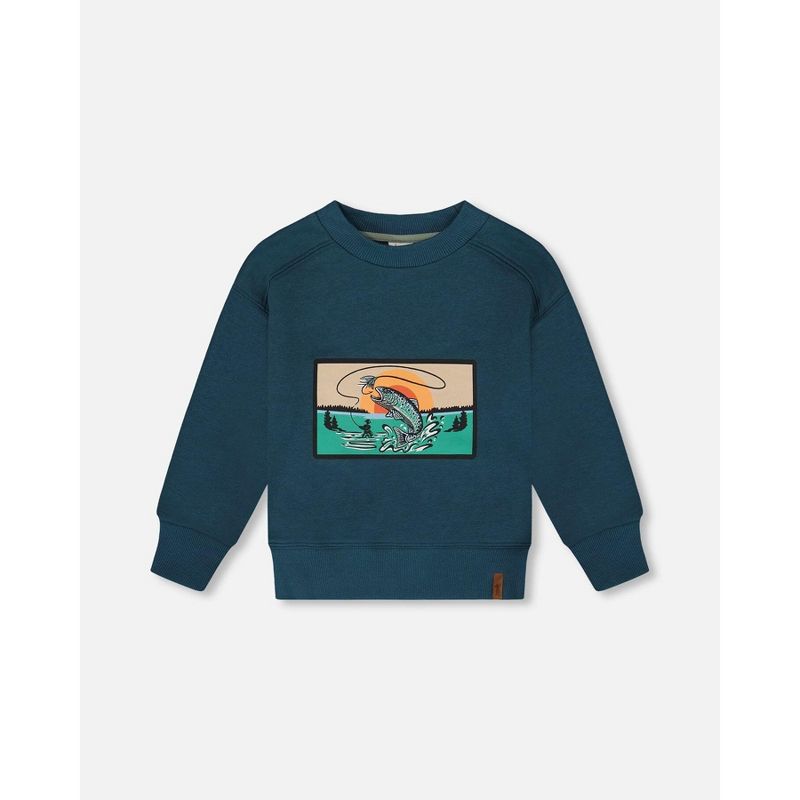 Deux par Deux Boy Pullover French Terry Graphic Sweatshirt Teal and Peach