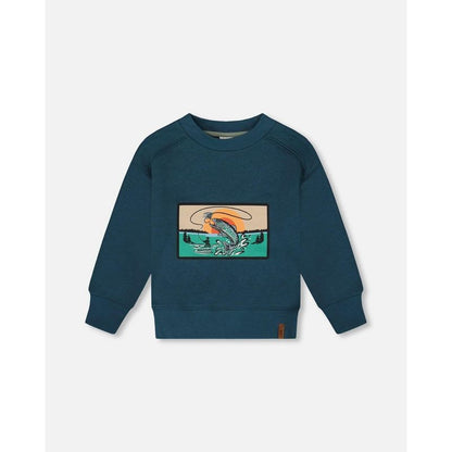Deux par Deux Boy Pullover French Terry Graphic Sweatshirt Teal and Peach